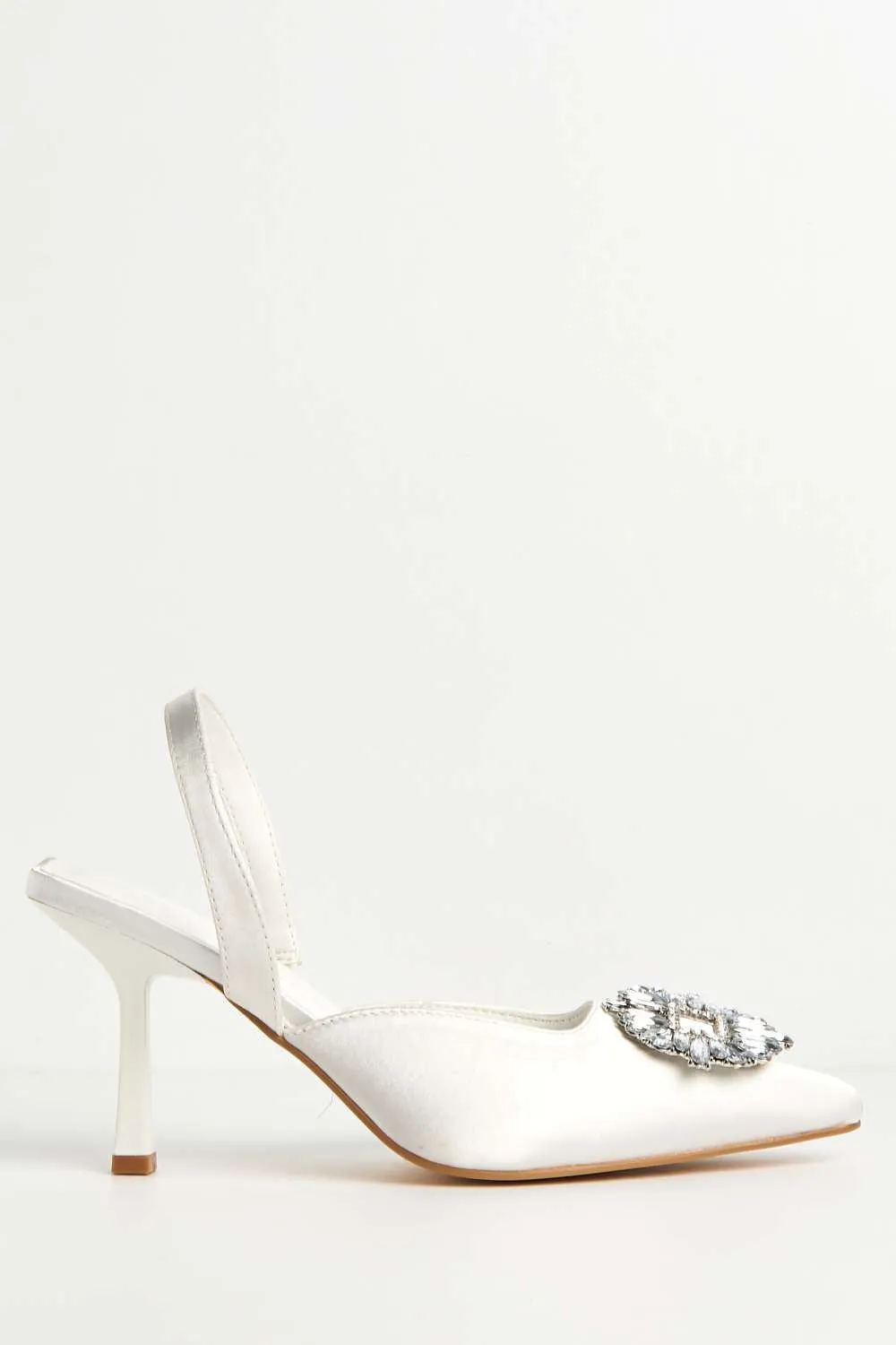 Amira Diamante Brooch Sling Back Court Shoes in Ivory Satin