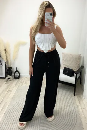 Ashleen Black Textured High Waisted Drawstring Wide Leg Trousers