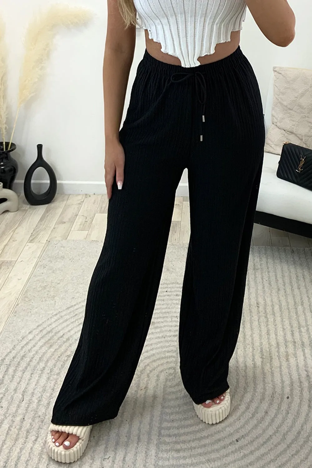 Ashleen Black Textured High Waisted Drawstring Wide Leg Trousers