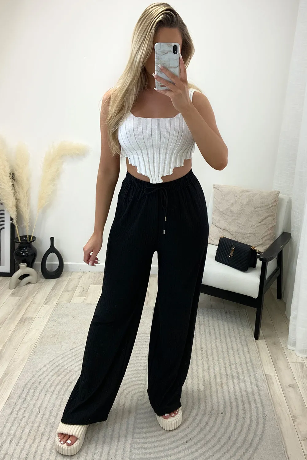 Ashleen Black Textured High Waisted Drawstring Wide Leg Trousers