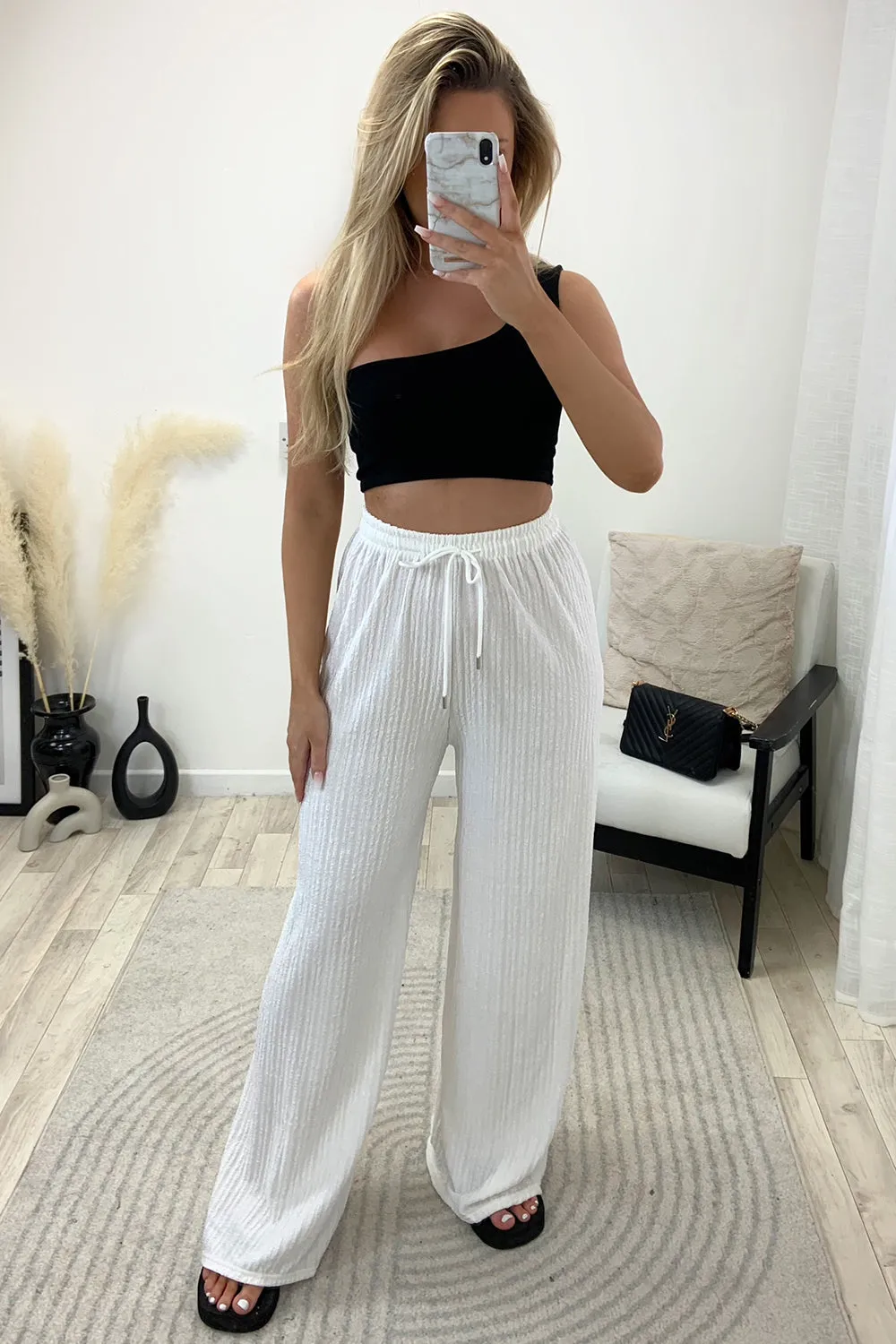 Ashleen White Textured High Waisted Drawstring Wide Leg Trousers