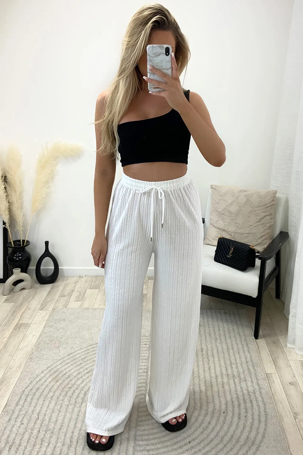 Ashleen White Textured High Waisted Drawstring Wide Leg Trousers