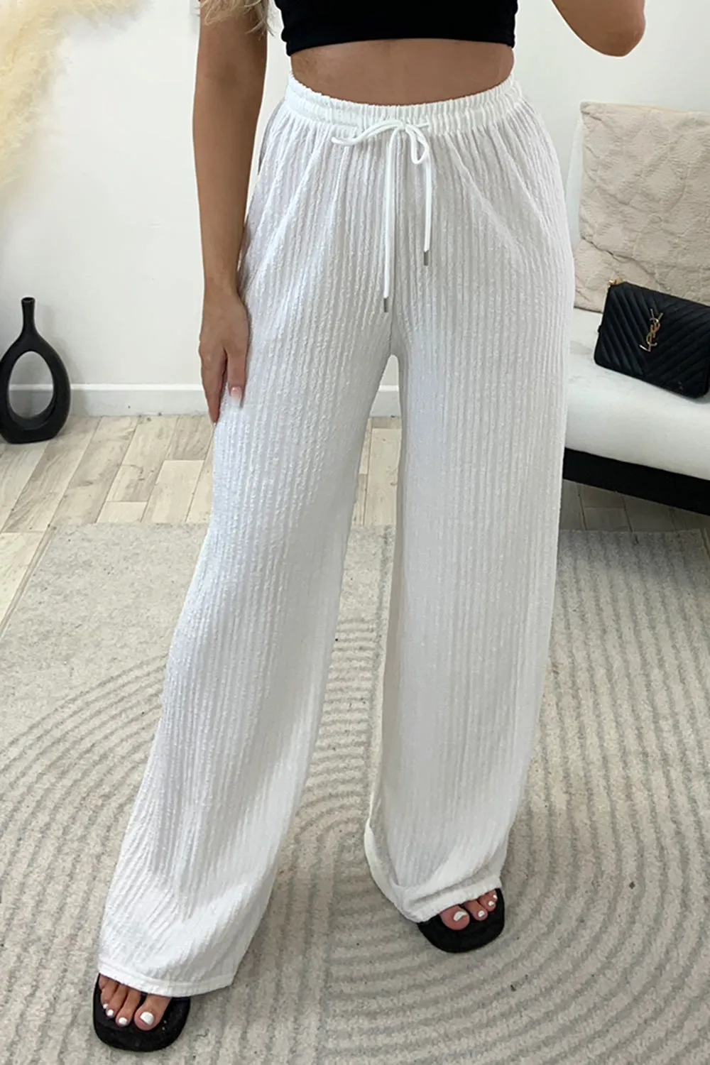 Ashleen White Textured High Waisted Drawstring Wide Leg Trousers