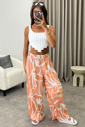 Aubrey Peach Tropical Print Plisse High Waisted Wide Leg Trousers