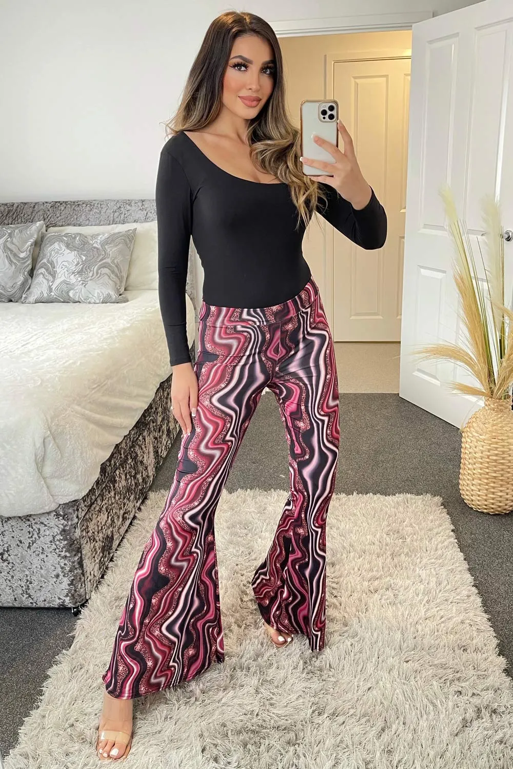 Bea Pink Swirl Print Slinky Ruched Bum Flared High Waisted Trousers