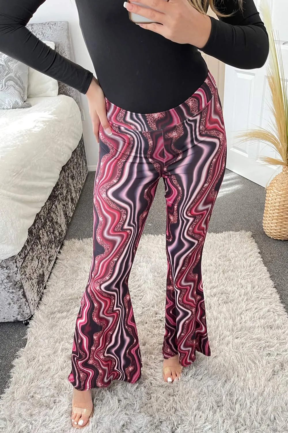 Bea Pink Swirl Print Slinky Ruched Bum Flared High Waisted Trousers