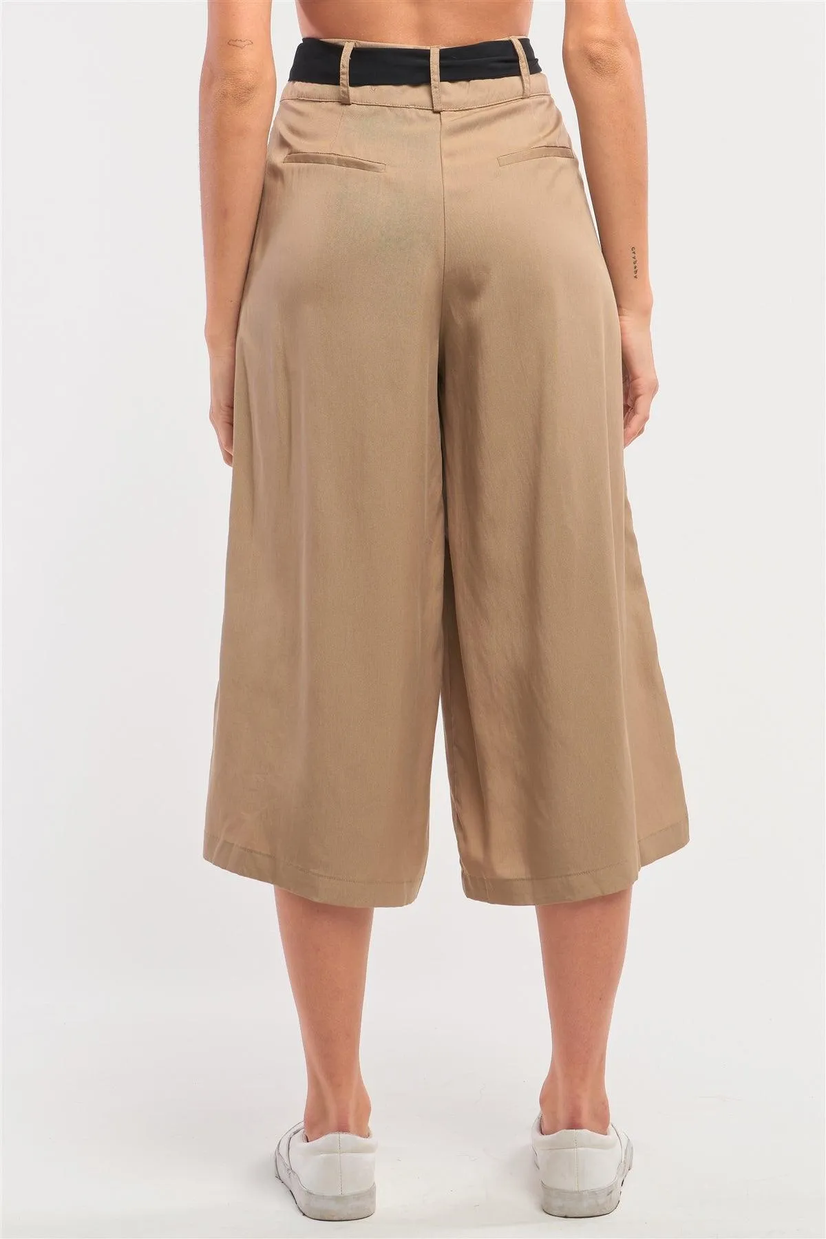 Beige High Waist Self-Tie Belt Detail Flare Capri Pants /3-3