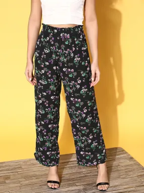 Berrylush Women Black & Green Floral Printed High-Rise Waist Pleated Regular Trousers