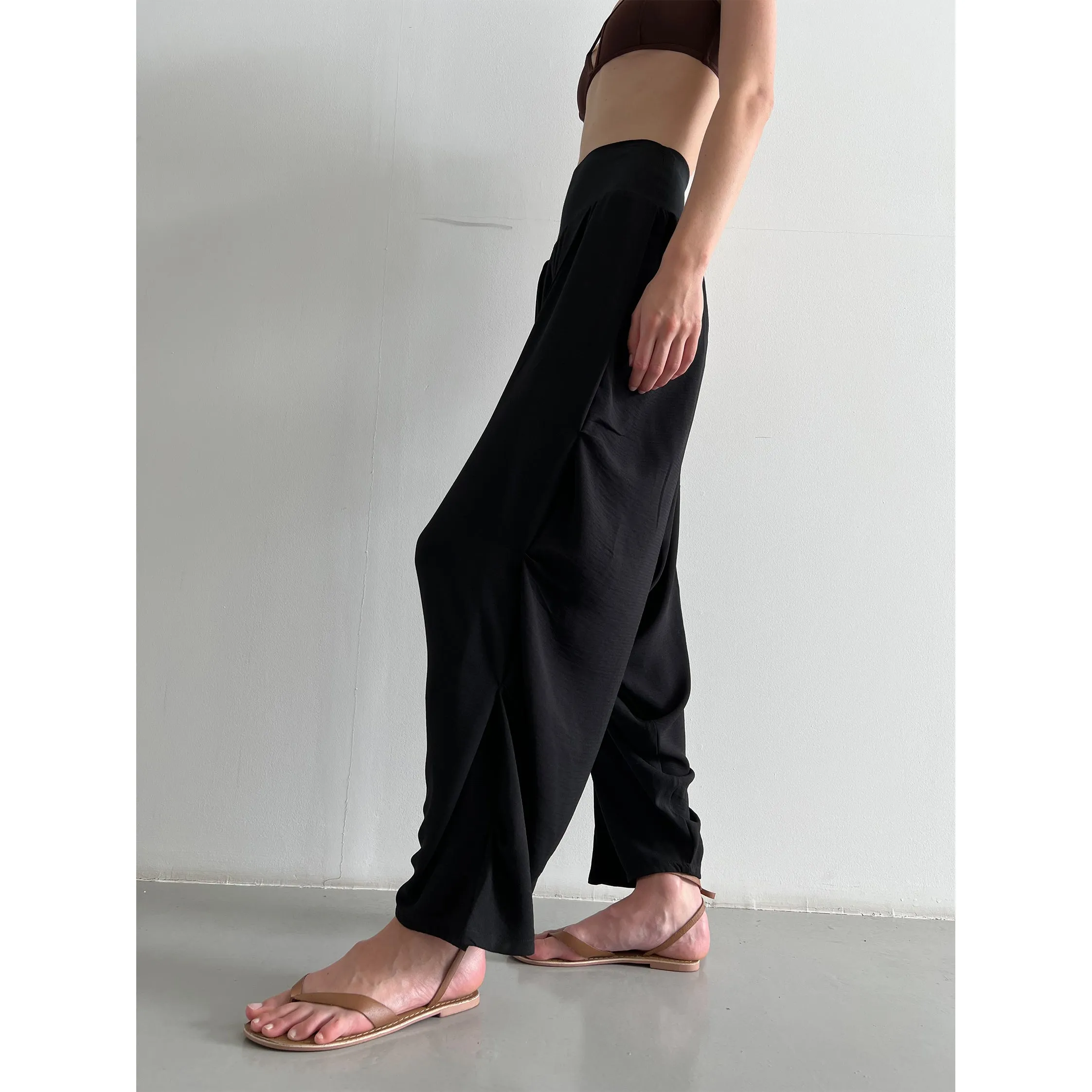 Black Crepe Sculpting Waistband, Side Draped Pant