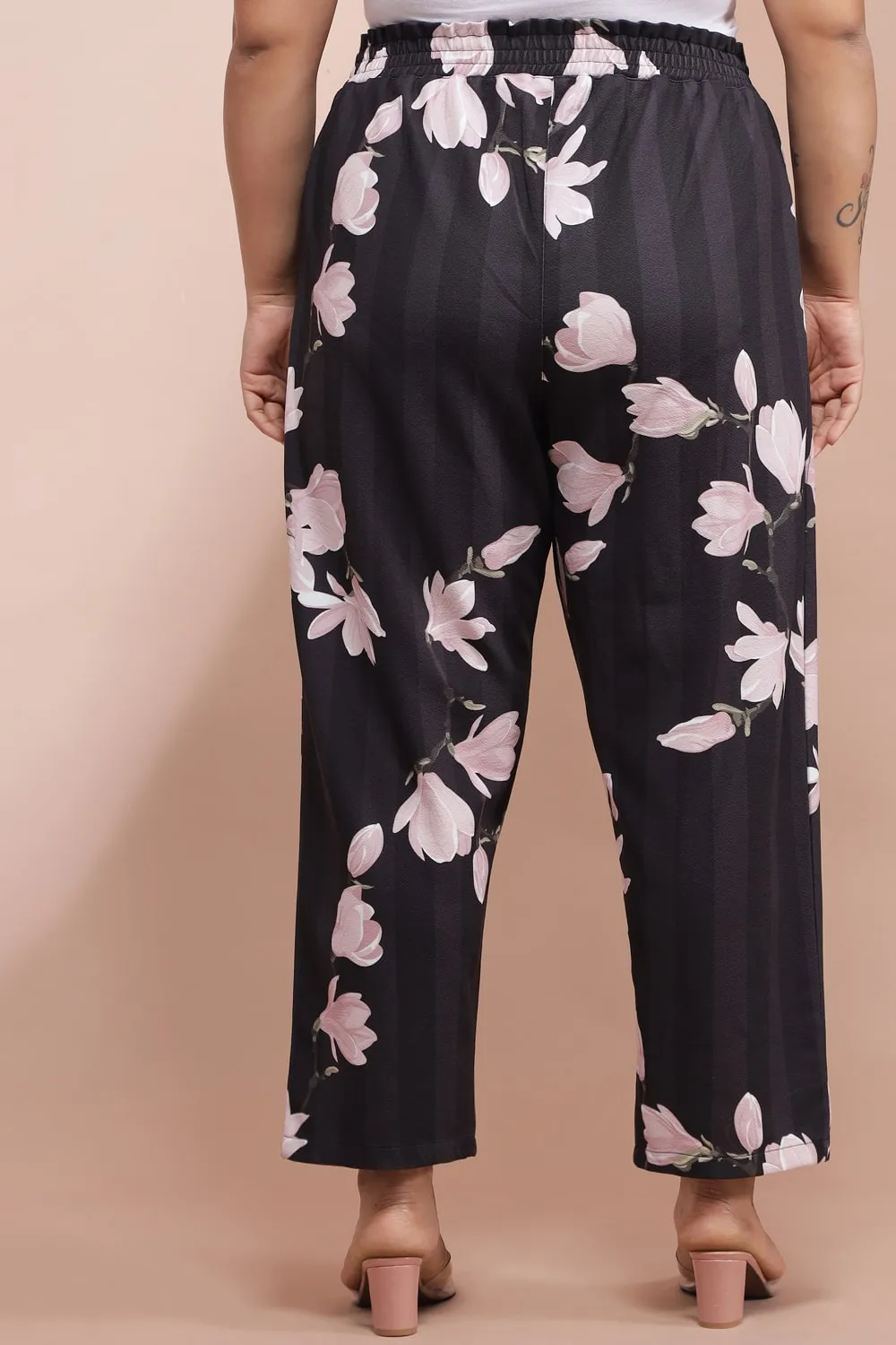 Black Floral Striped Pants