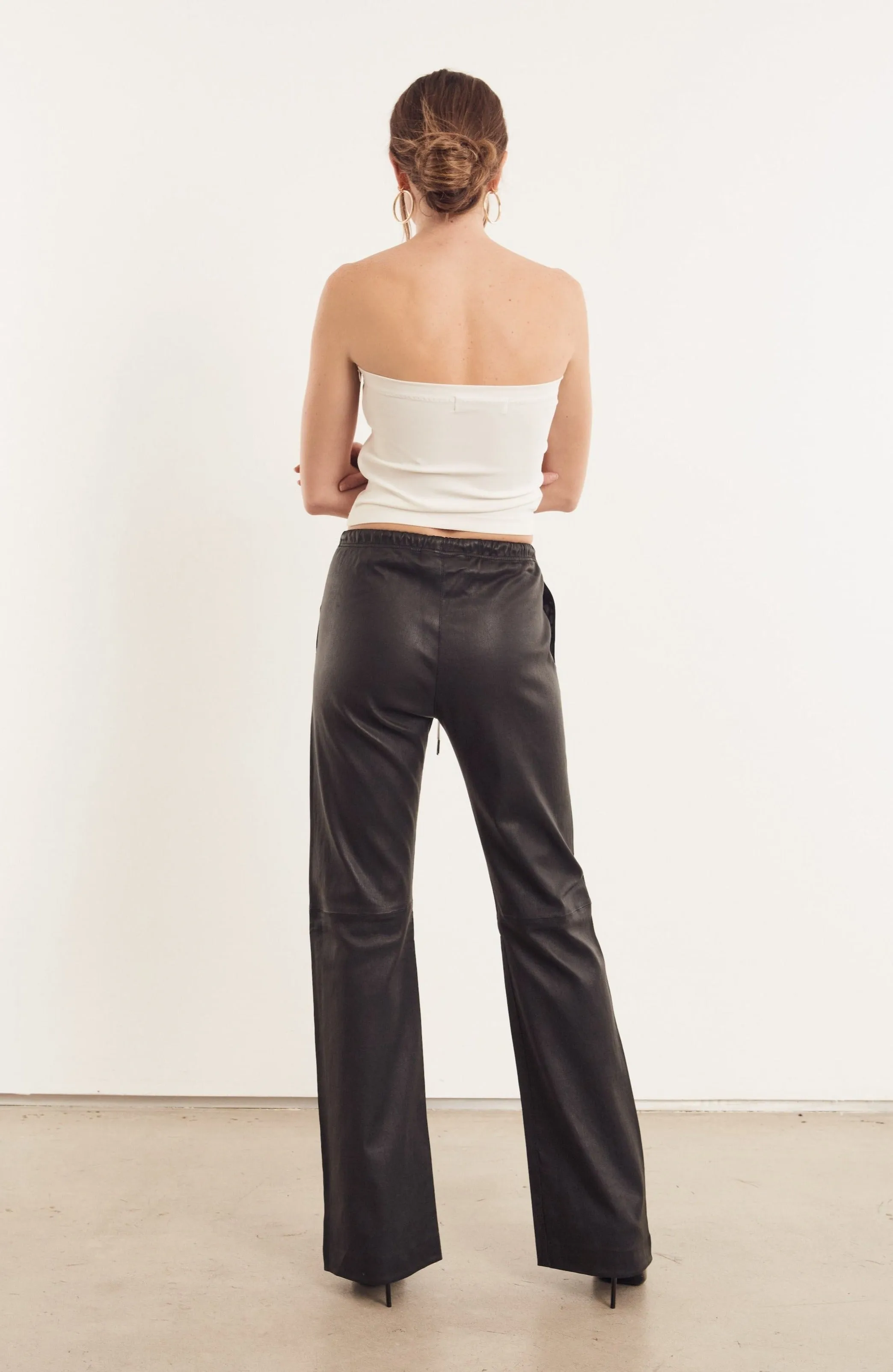 Black Leather Drawstring Straight Leg Pants