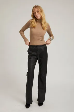 Black Leather Drawstring Straight Leg Pants