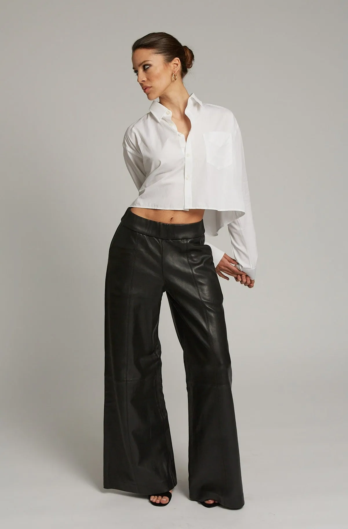 Black Leather Wide Leg Trousers