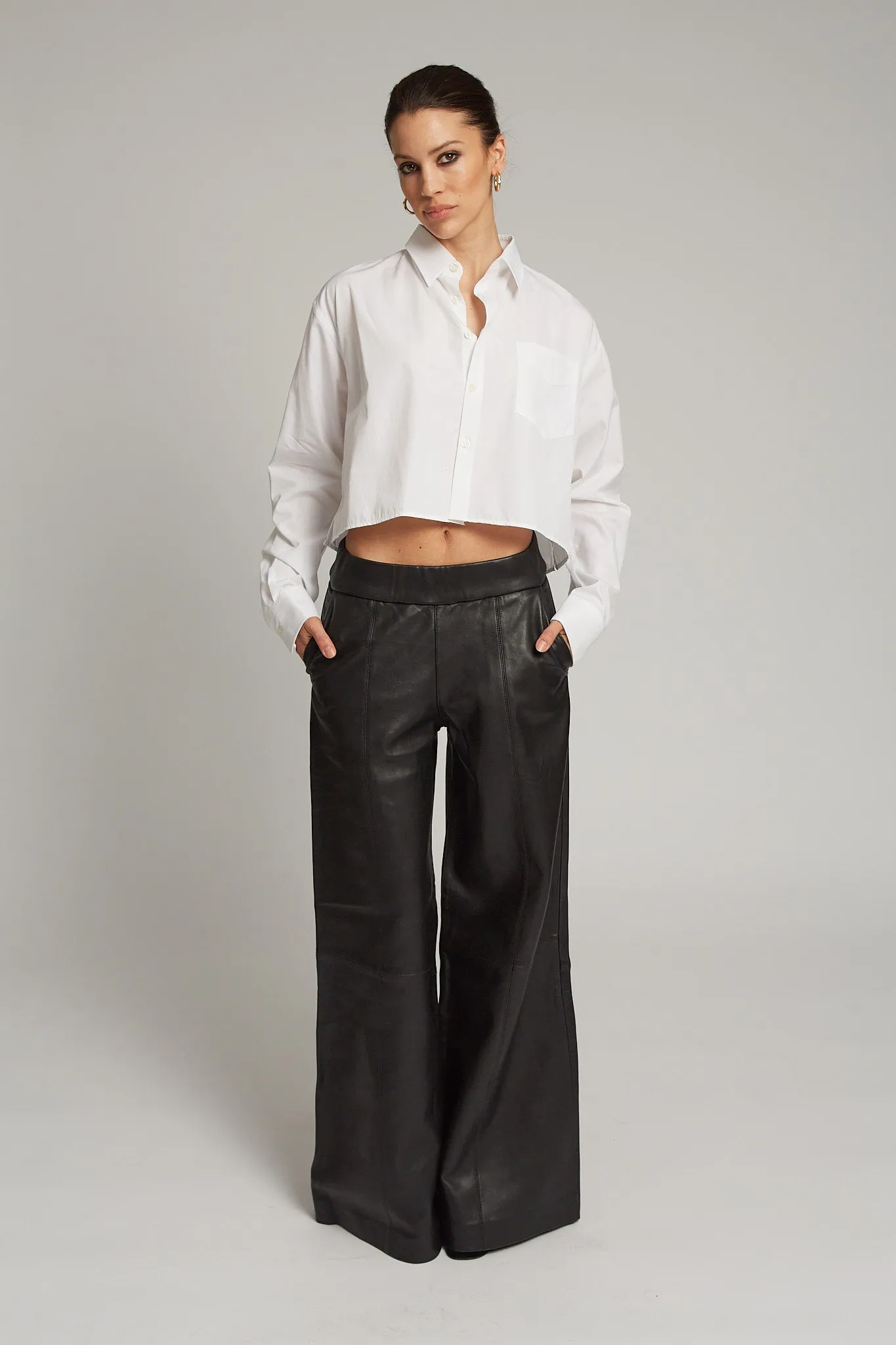 Black Leather Wide Leg Trousers