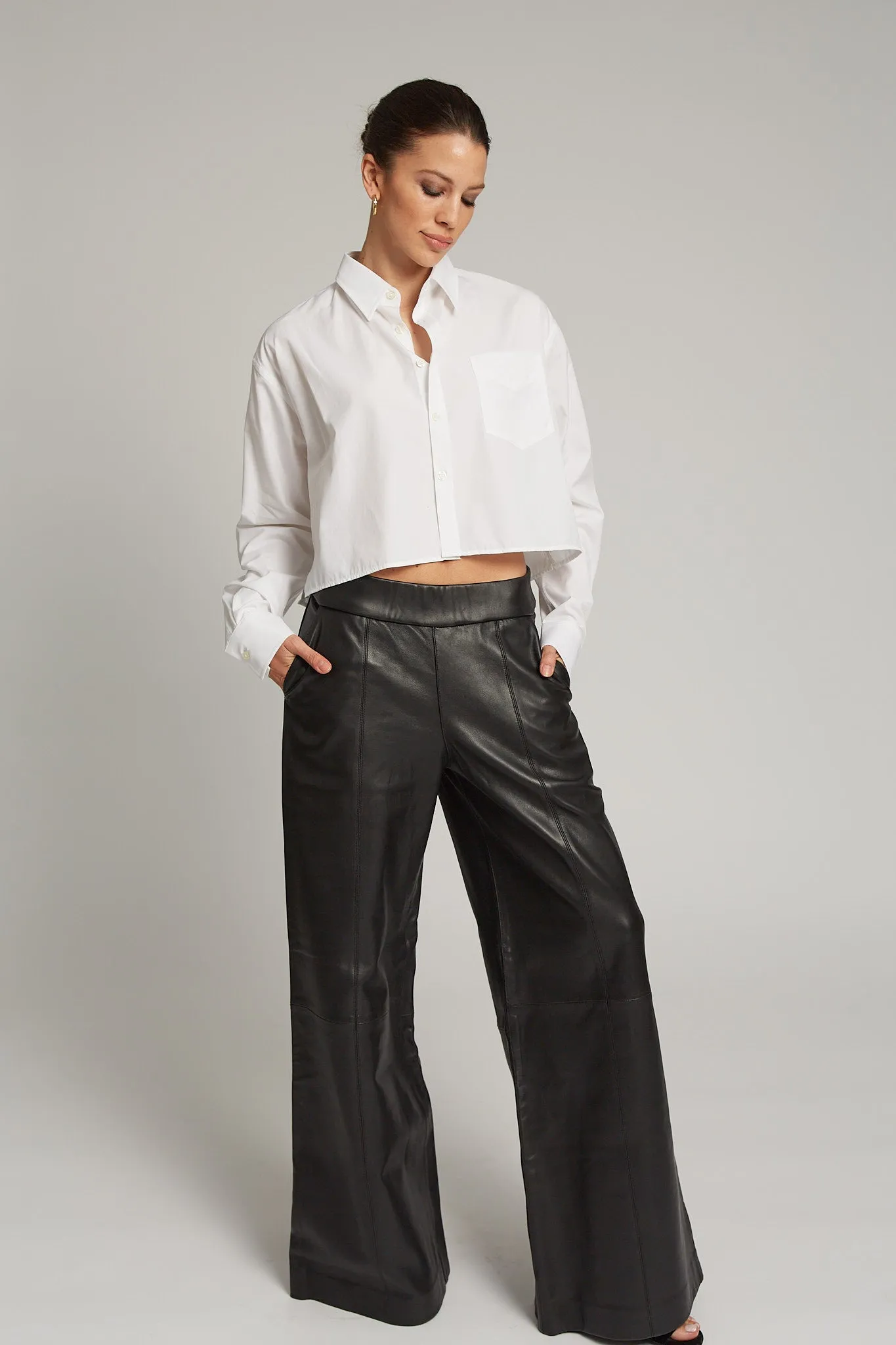 Black Leather Wide Leg Trousers