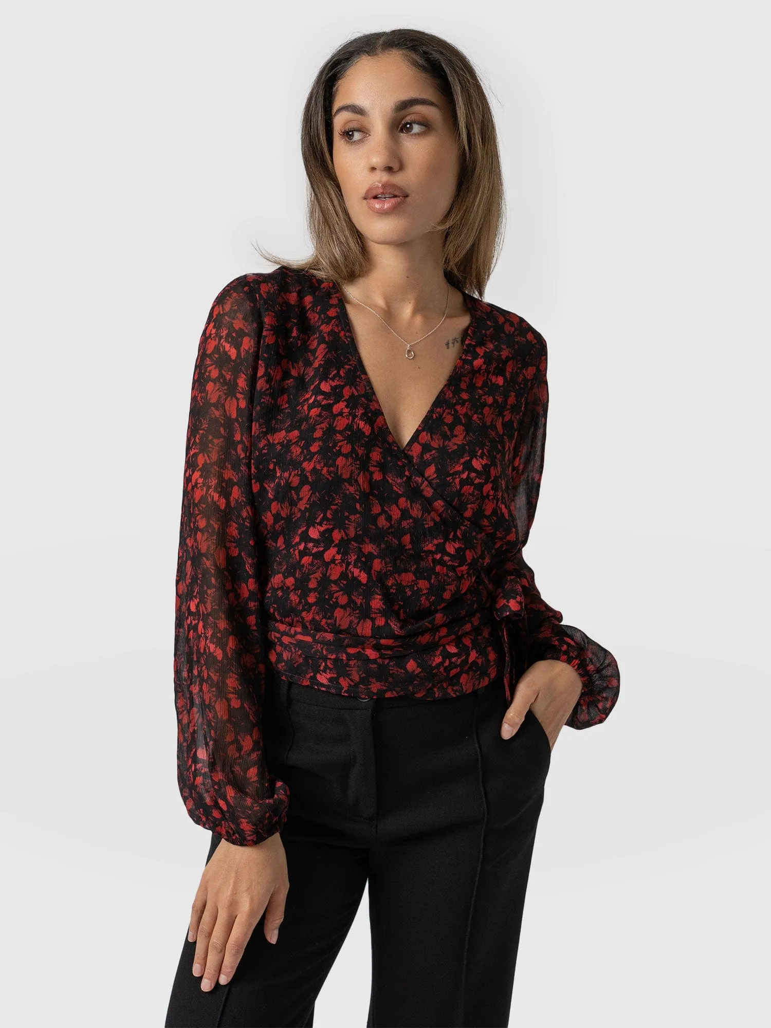 Brook Wrap Blouse - Red Winter Floral