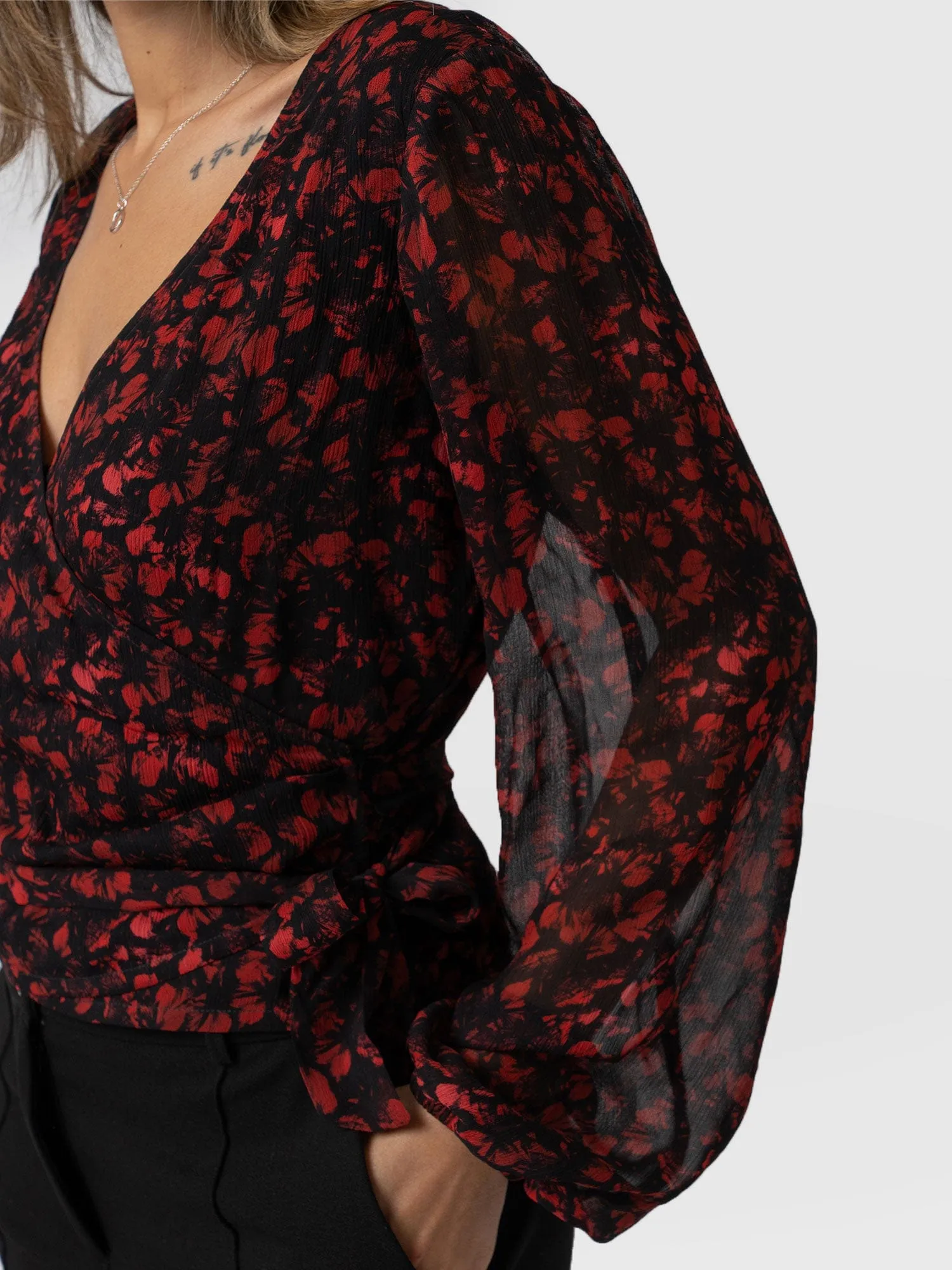 Brook Wrap Blouse - Red Winter Floral