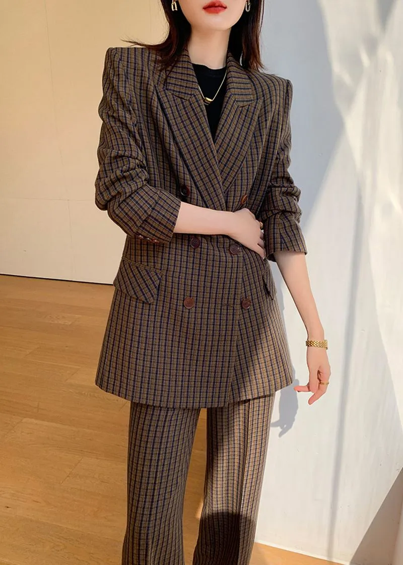 Brown Plaid Blazer Wide Leg Pantsuit Set