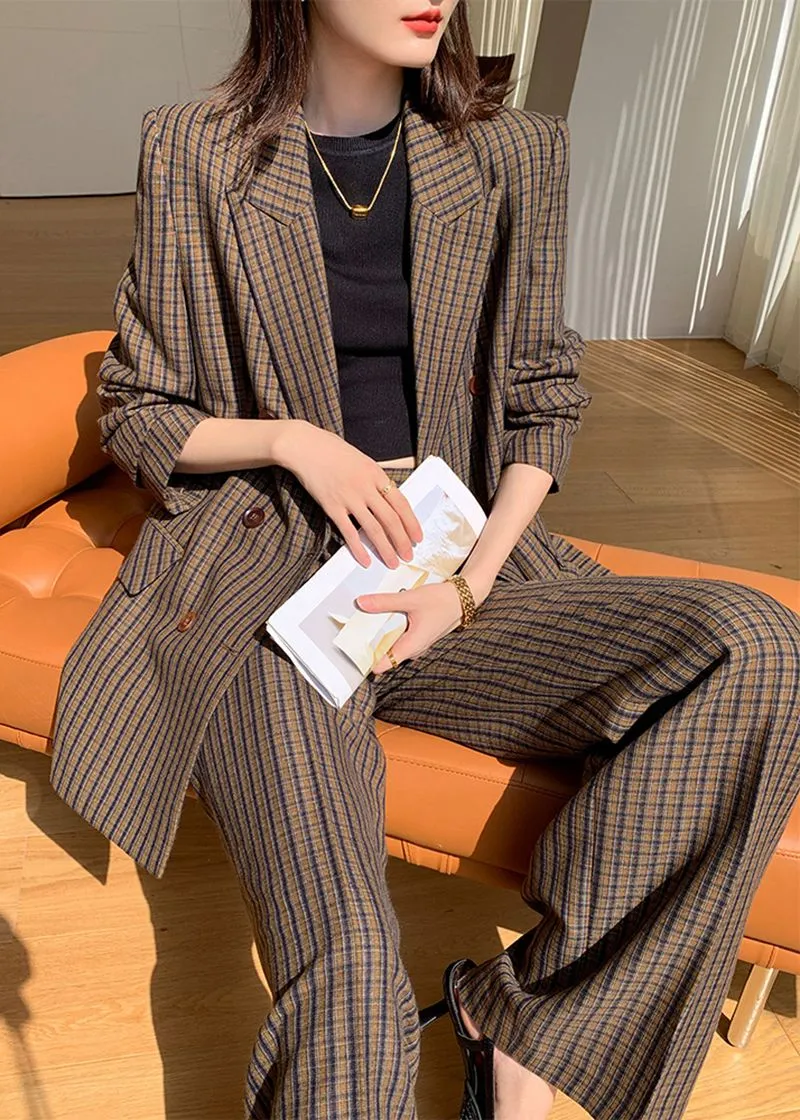 Brown Plaid Blazer Wide Leg Pantsuit Set