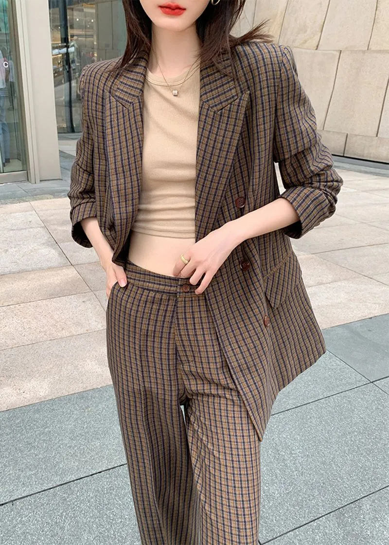 Brown Plaid Blazer Wide Leg Pantsuit Set