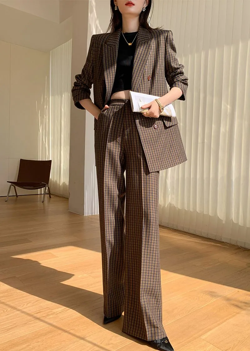 Brown Plaid Blazer Wide Leg Pantsuit Set