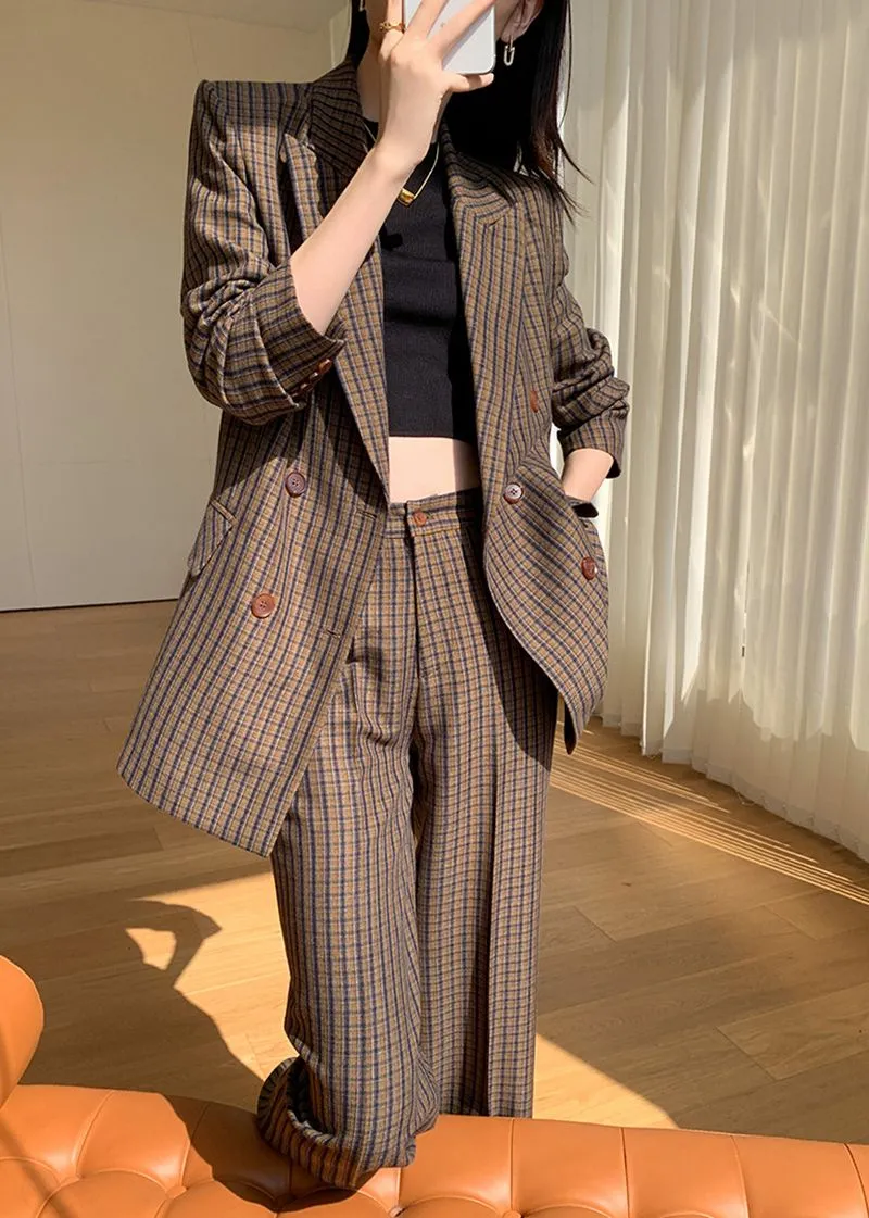 Brown Plaid Blazer Wide Leg Pantsuit Set