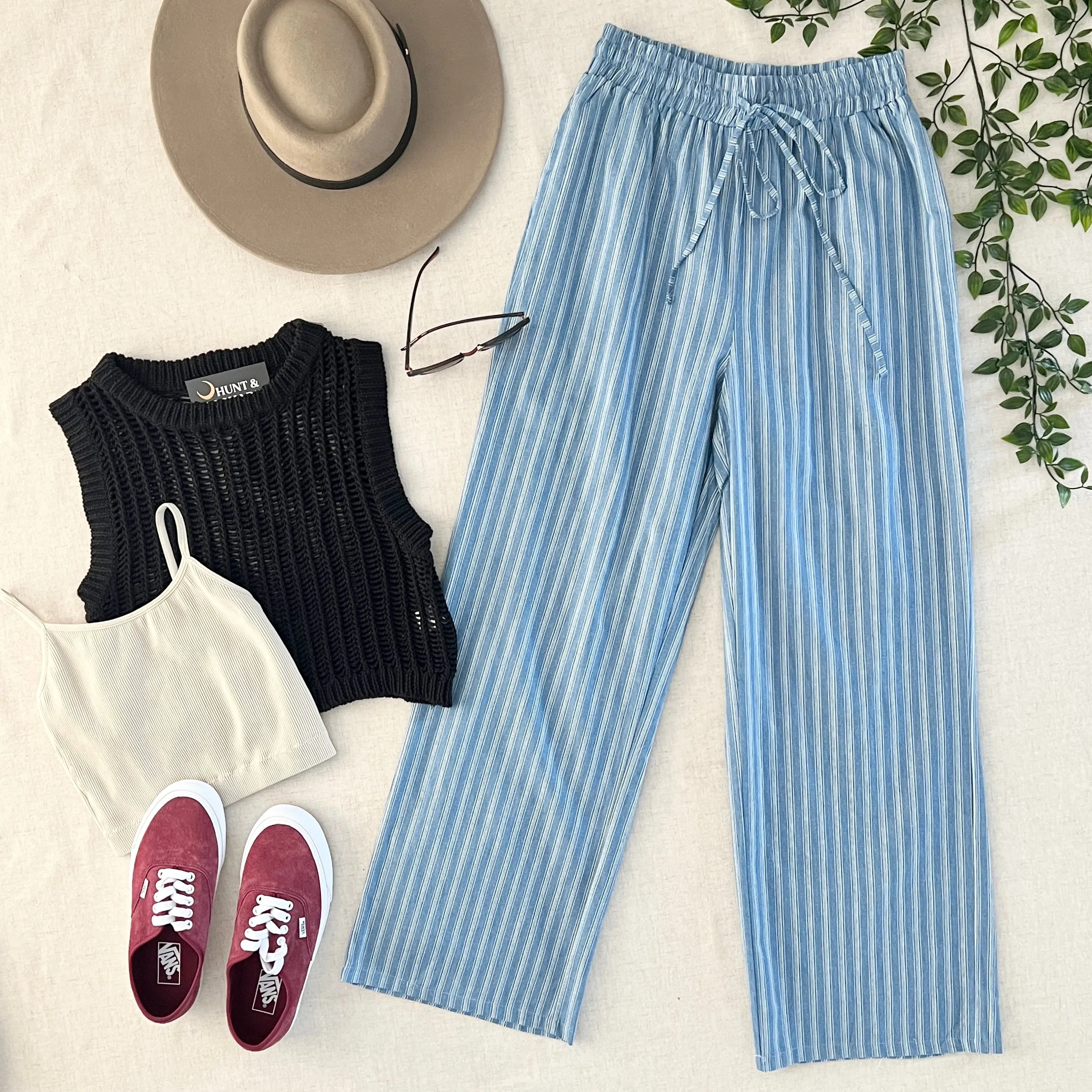 Chambray Stripe Wide Leg Pants - Denim Blue