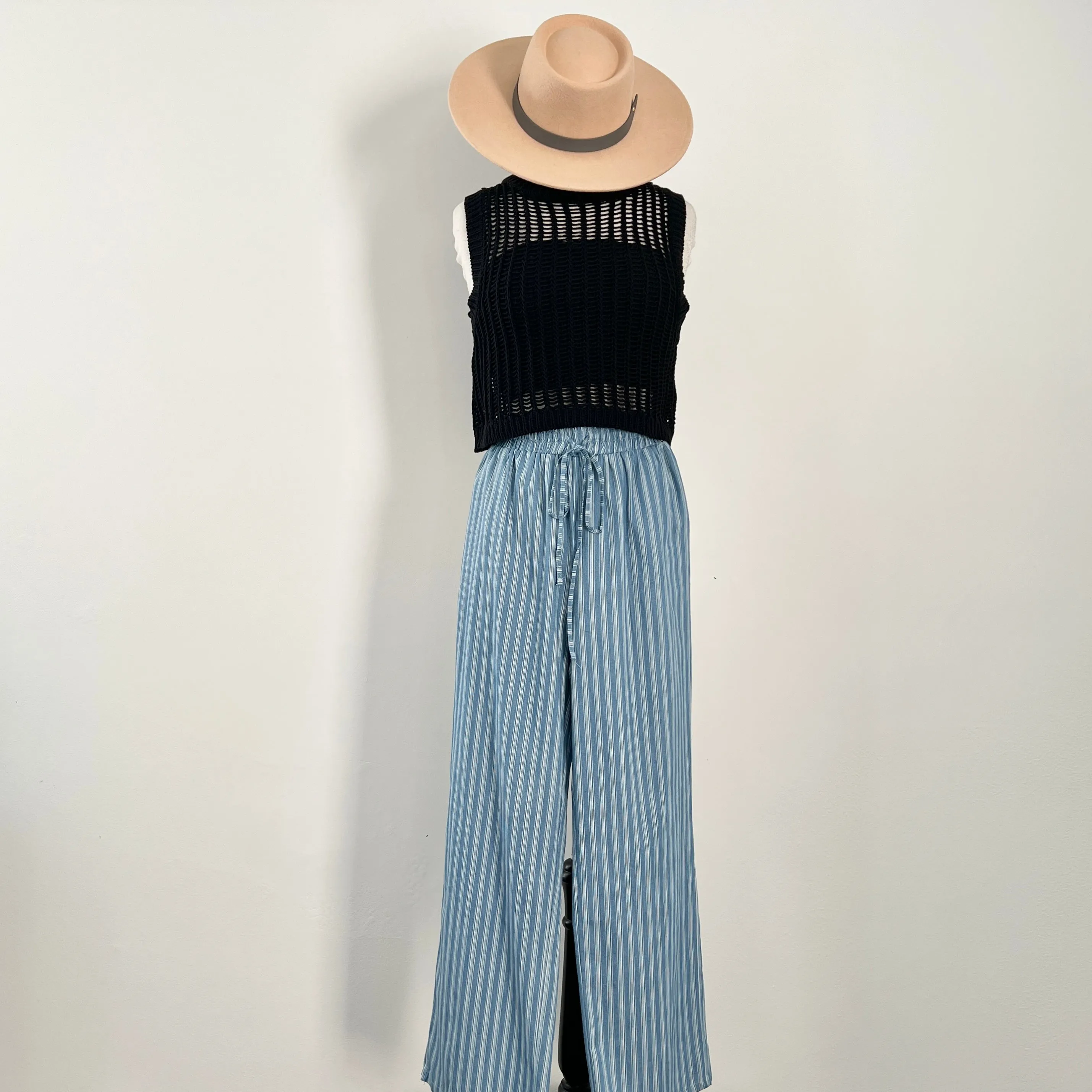 Chambray Stripe Wide Leg Pants - Denim Blue