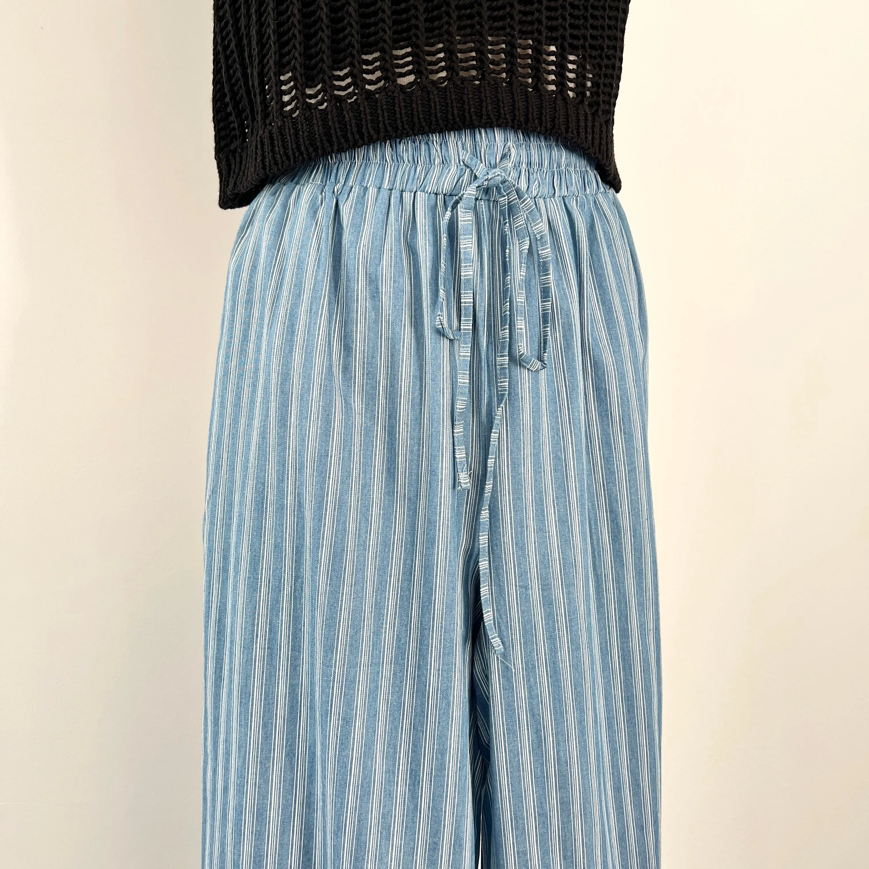 Chambray Stripe Wide Leg Pants - Denim Blue