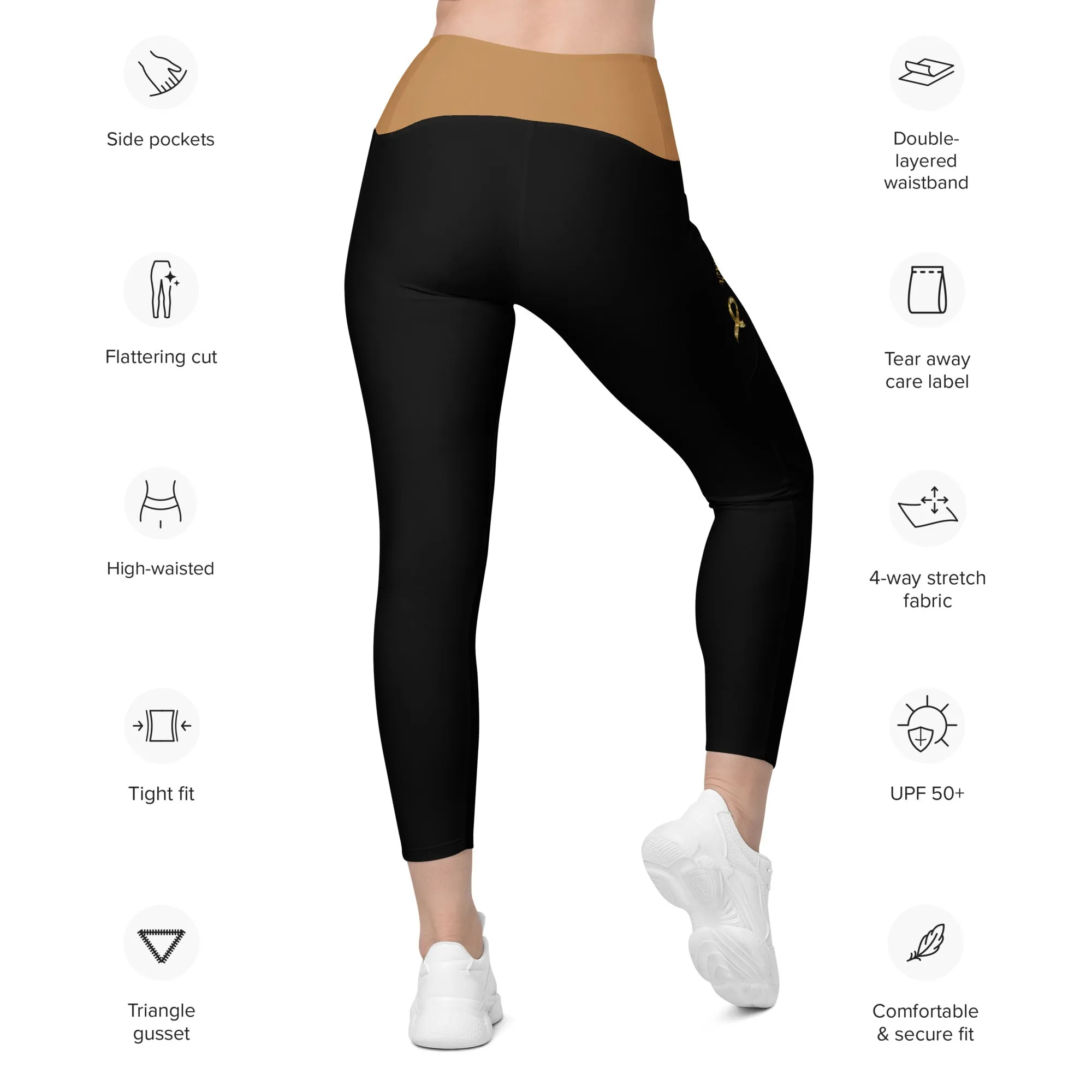 Childhood Cancer "Warrior" Leggings with Pockets (Black/Gold)(Size 2XL-6XL)