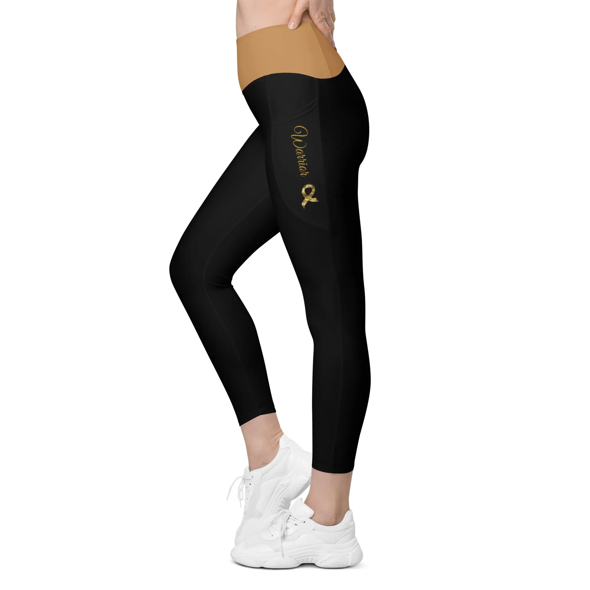 Childhood Cancer "Warrior" Leggings with Pockets (Black/Gold)(Size 2XL-6XL)