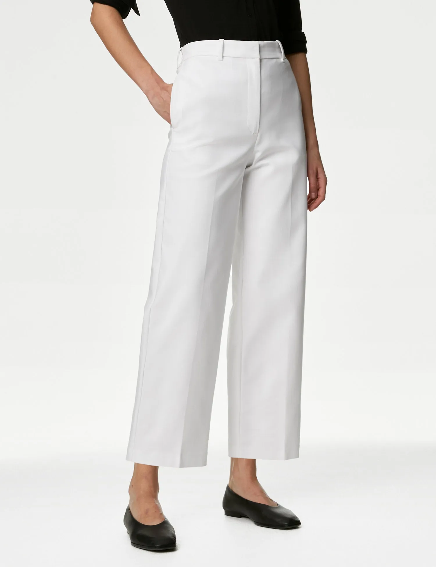 Cotton Blend Wide Leg Cropped Chinos