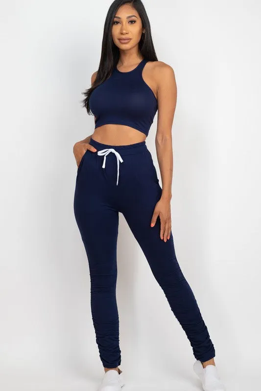 Crop Top & Ruched Drawstring Pants Set