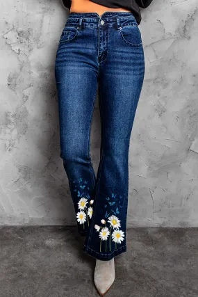 Daisy Print High Waist Flare Jeans