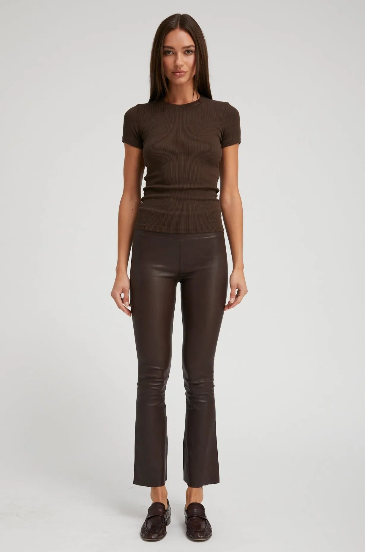 Dark Chocolate Leather Ankle Flare Leggings