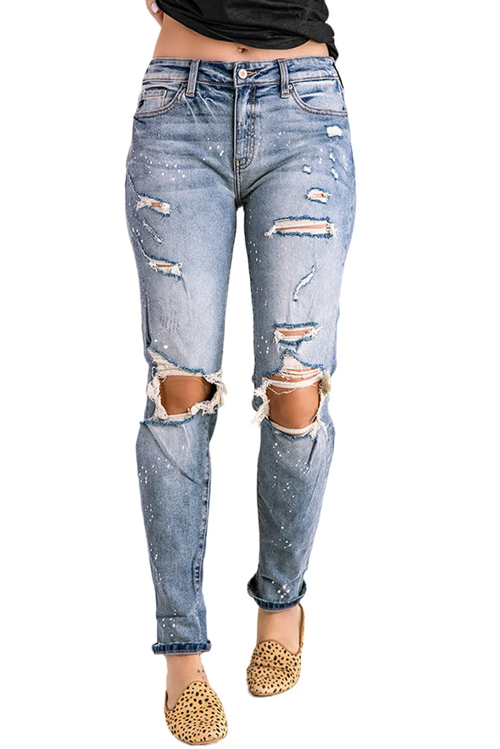 Distressed Faded Splatter Ripped Hole Denim Pants