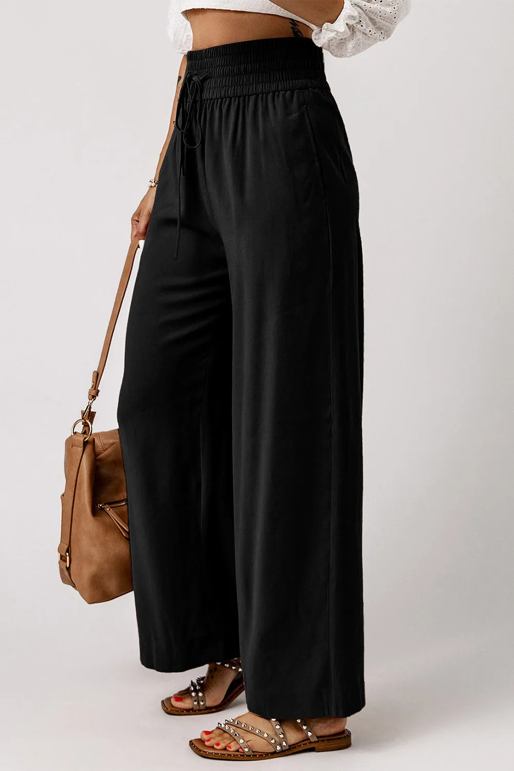 Drawstring Elastic Waist Casual Wide Leg Pants