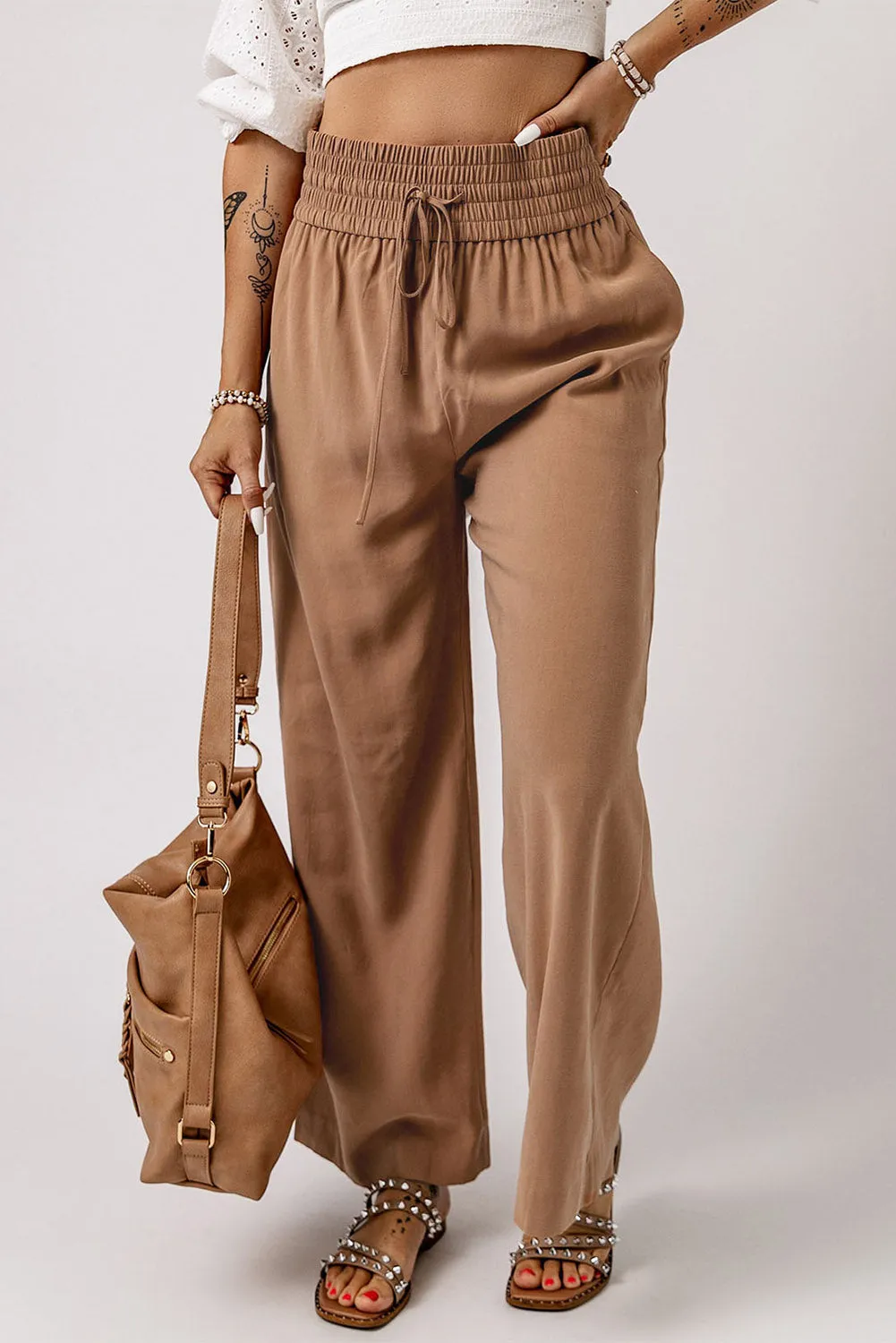 Drawstring Elastic Waist Casual Wide Leg Pants