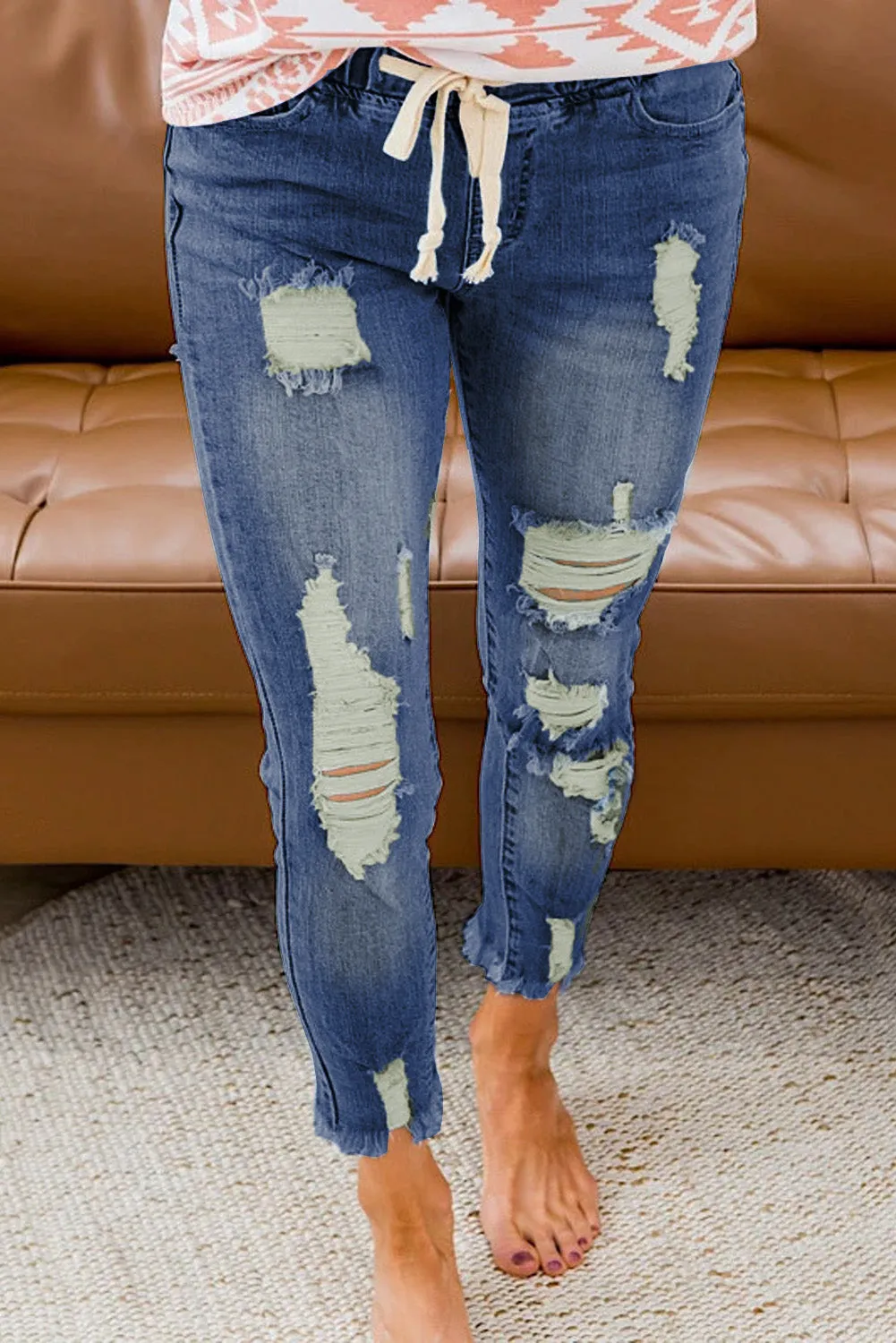 Drawstring Elastic Waist Hole Ripped Jeans