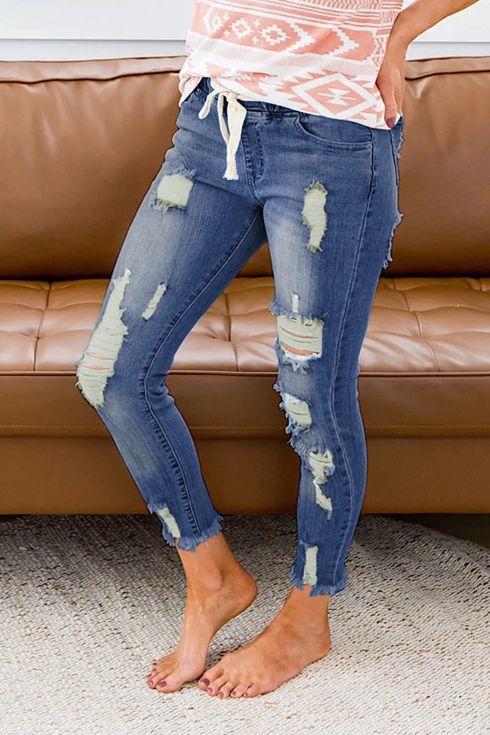 Drawstring Elastic Waist Hole Ripped Jeans