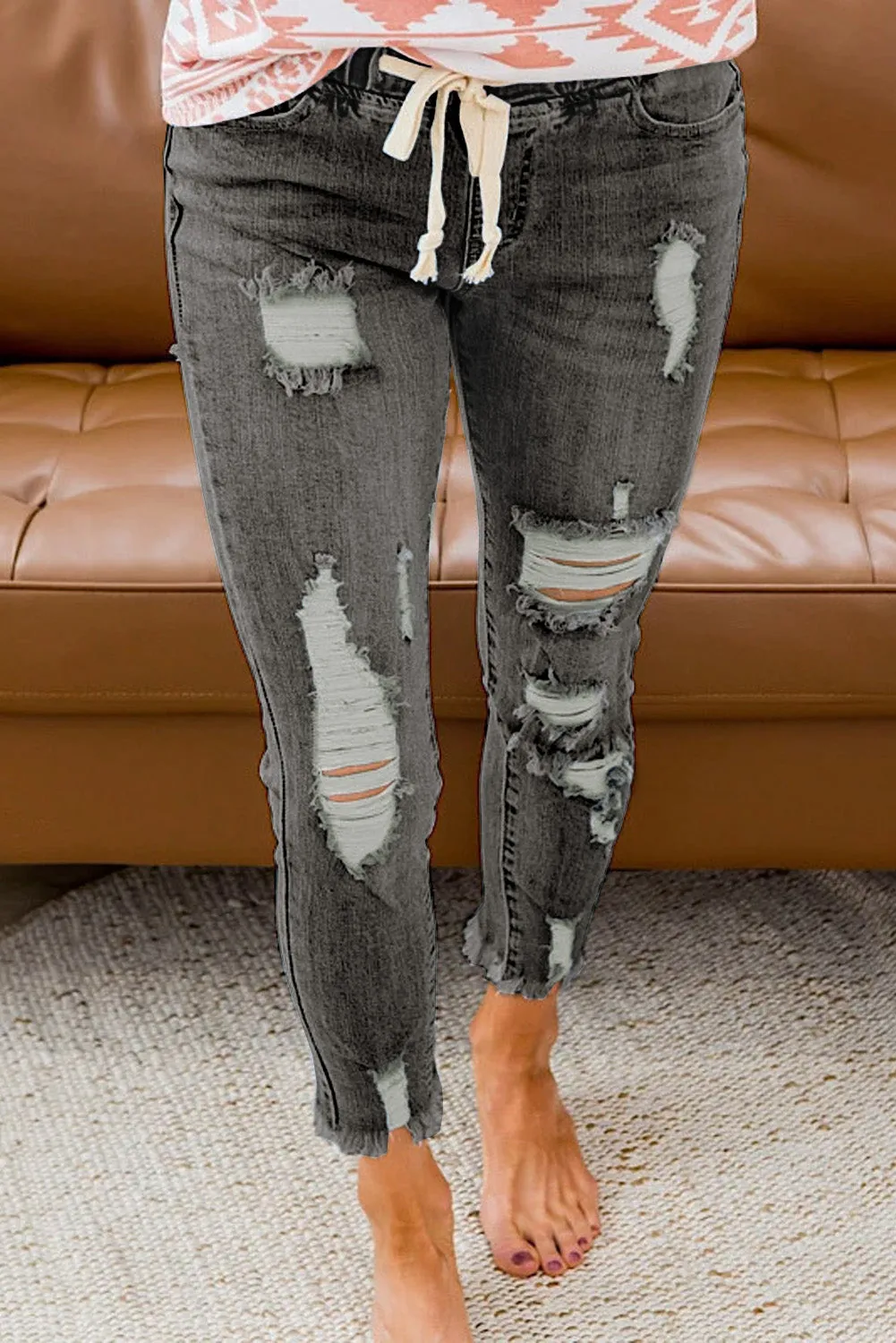 Drawstring Elastic Waist Hole Ripped Jeans