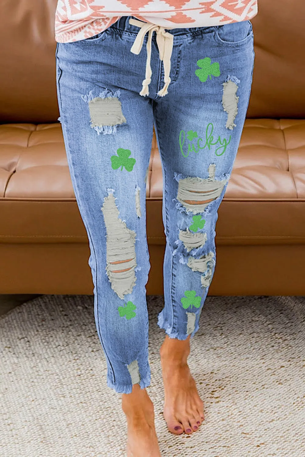 Drawstring Elastic Waist Hole Ripped Jeans