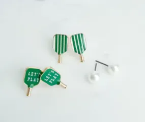 Enamel Pickle Ball Pearl Stud Earring Set