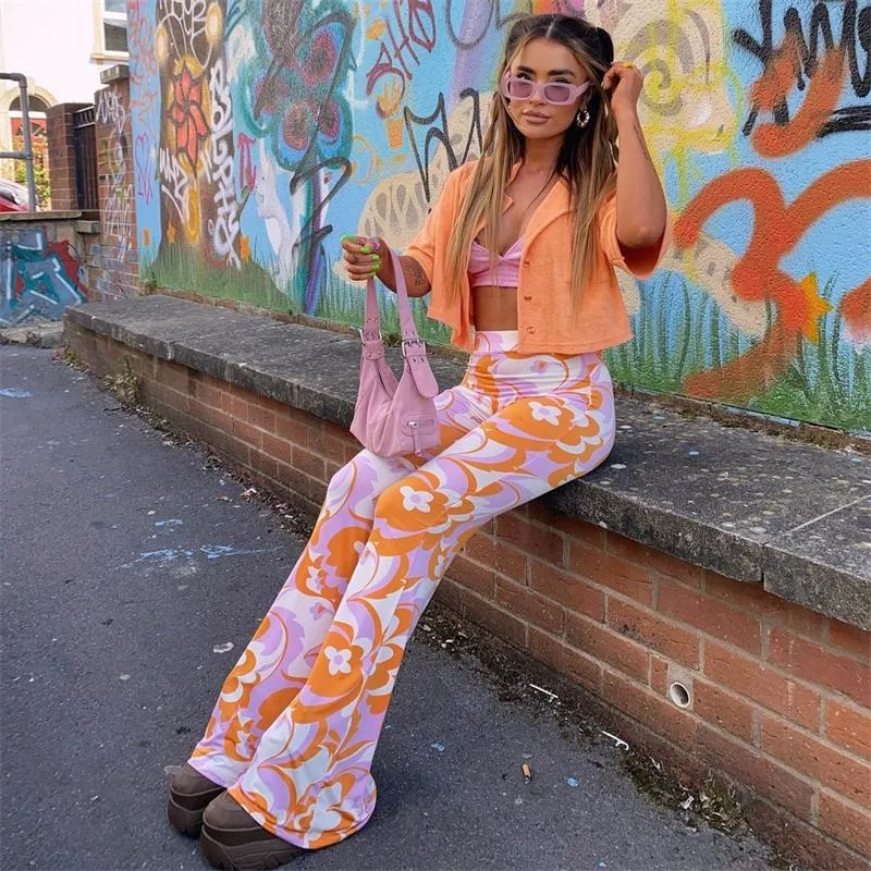 Flower Power Bell Bottoms Groovy Pink Orange White Floral Print High Waist Stretch Hippie Flare Pants Available In Small Medium Or Large