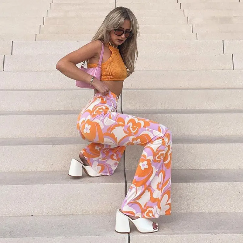 Flower Power Bell Bottoms Groovy Pink Orange White Floral Print High Waist Stretch Hippie Flare Pants Available In Small Medium Or Large