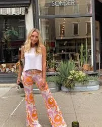 Flower Power Bell Bottoms Groovy Pink Orange White Floral Print High Waist Stretch Hippie Flare Pants Available In Small Medium Or Large