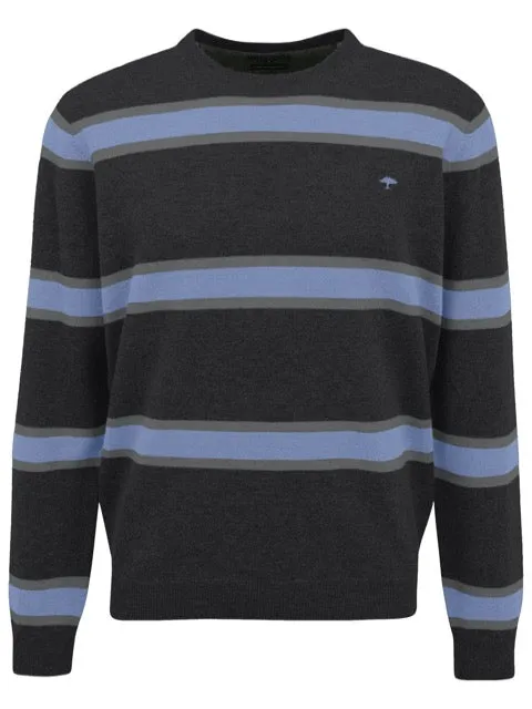 FYNCH HATTON Wool Striped Crew Neck Jumper/Charcoal Steel - AW21 SALE