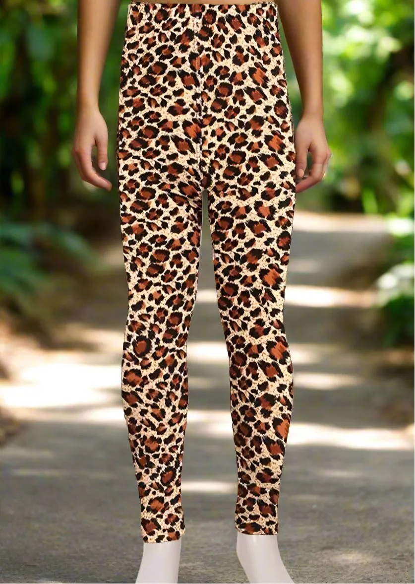 Girls Cheetah Leopard Leggings, Kids Yoga Pants, Sizes S/L, No-Roll Waist, Brown