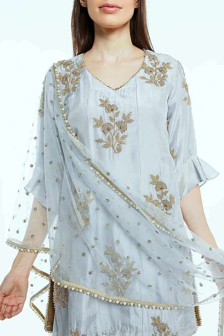 Gray Embroidered Sharara Set