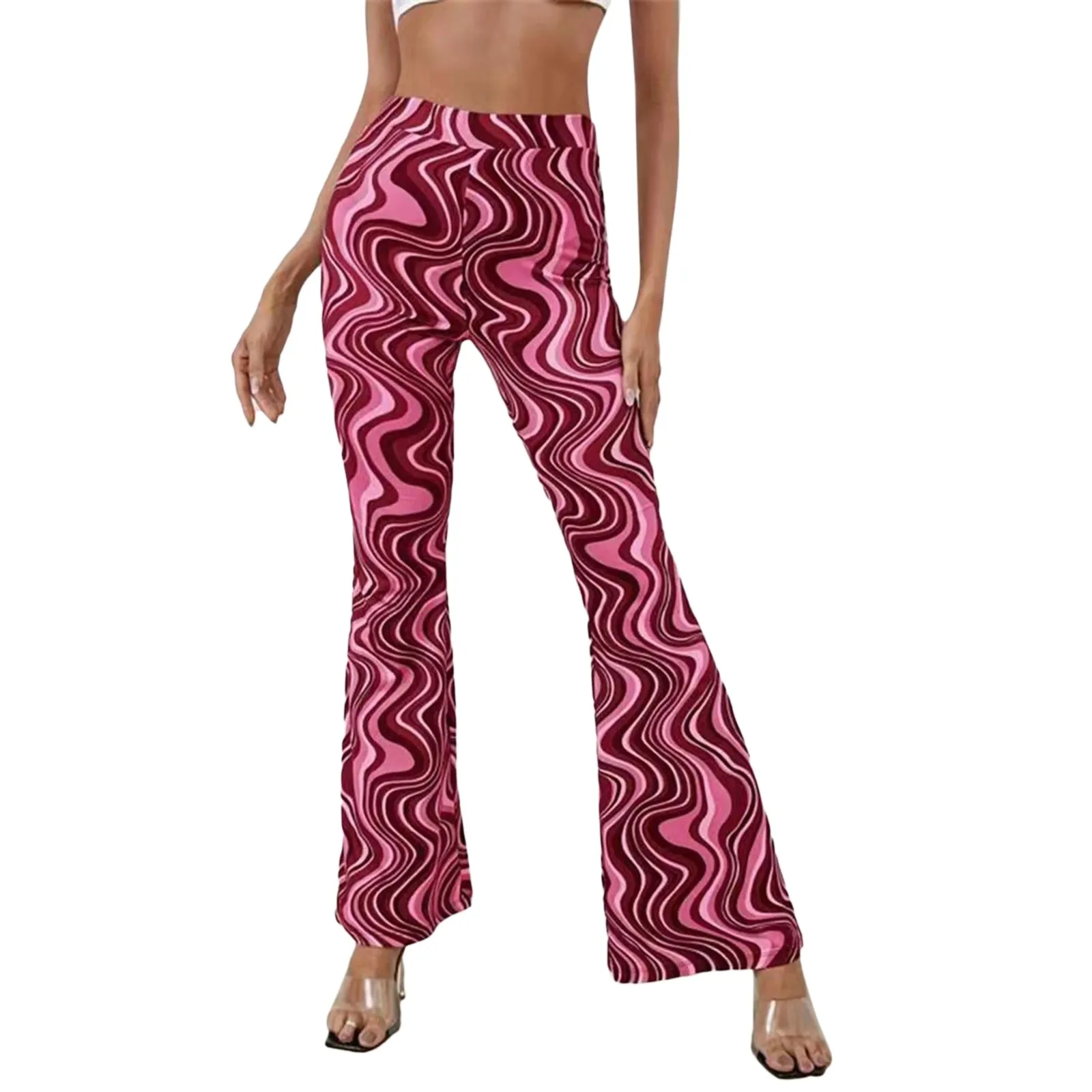 Groovy Bell Bottoms In 7 Different Colors High Waist Flare Stretch Yoga Pants Water Ripple Print Boho Festival Pants Available In Sizes Small Medium Large XL And Plus Size 2X 3X 4X And 5X